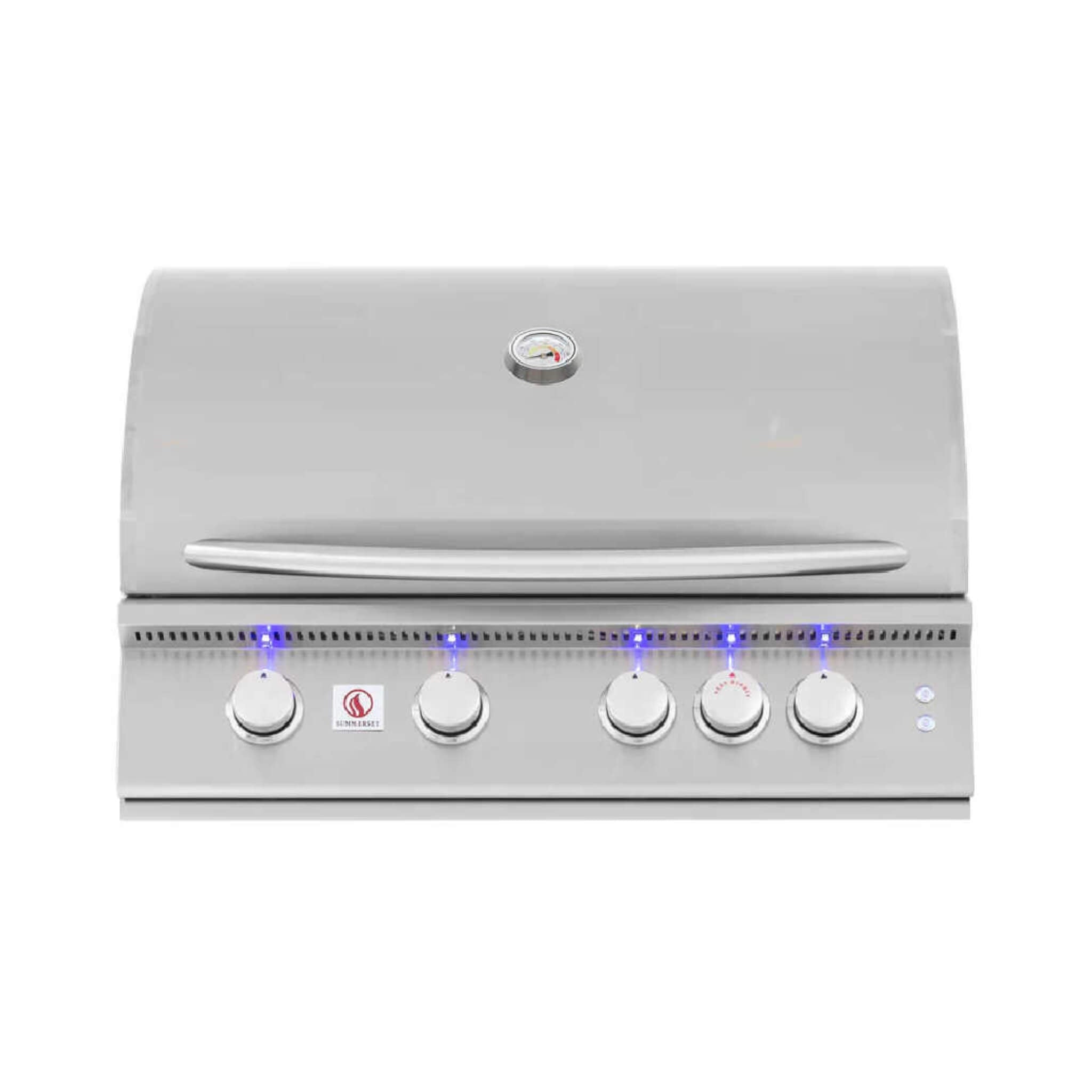 Stainless steel grill with control knobs on a white background
