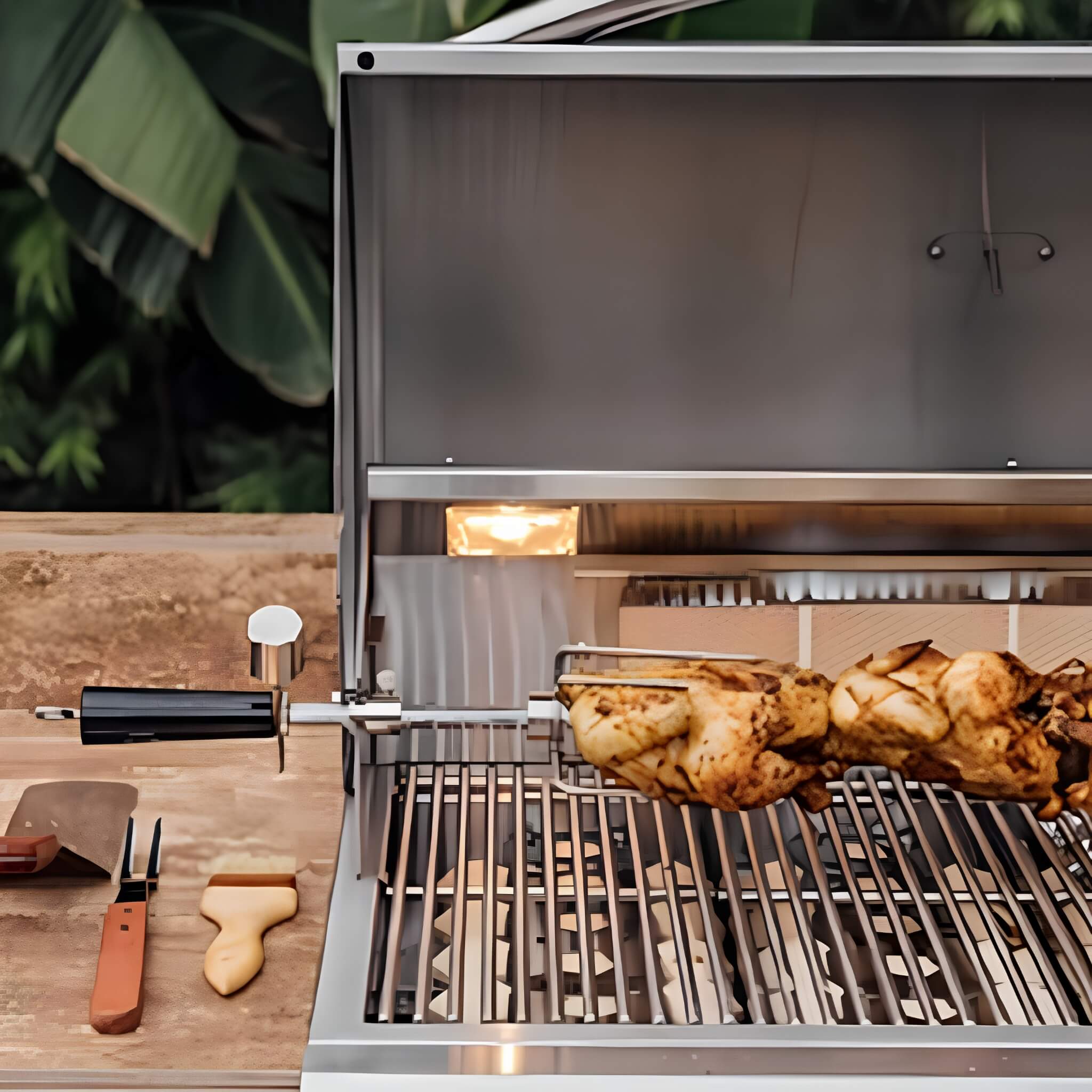 Stainless steel grill with chickens cooking on a wooden surface outdoors