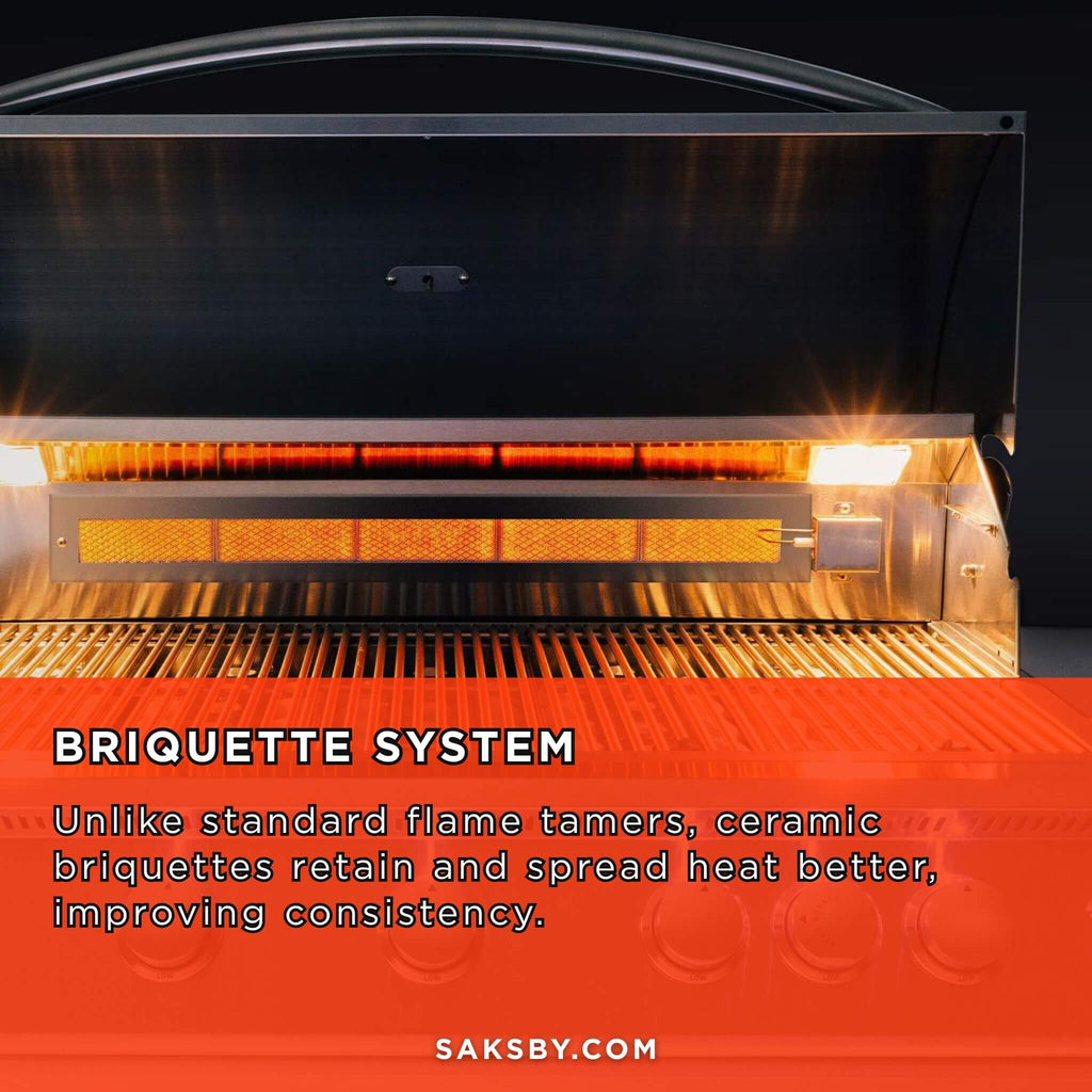 Barbecue grill with briquette system and text about heat retention.