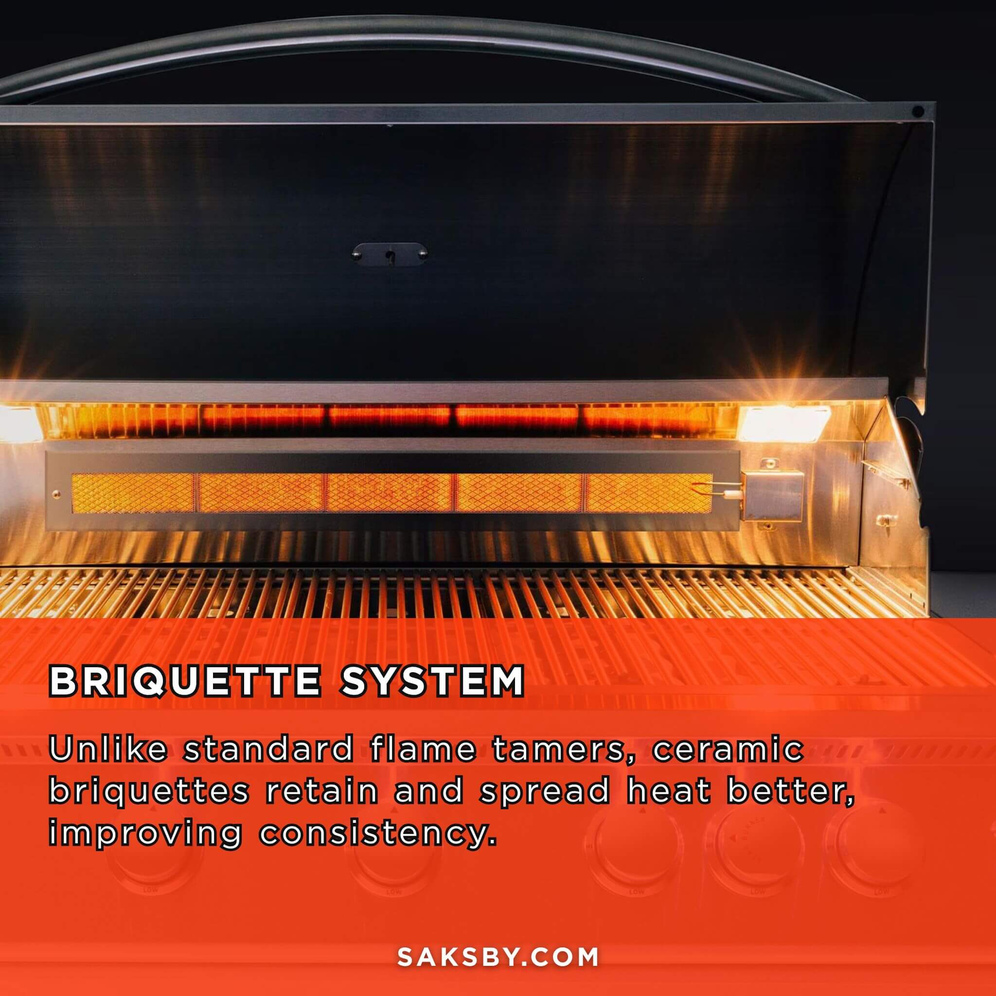 Barbecue grill with briquette system and text about heat retention.