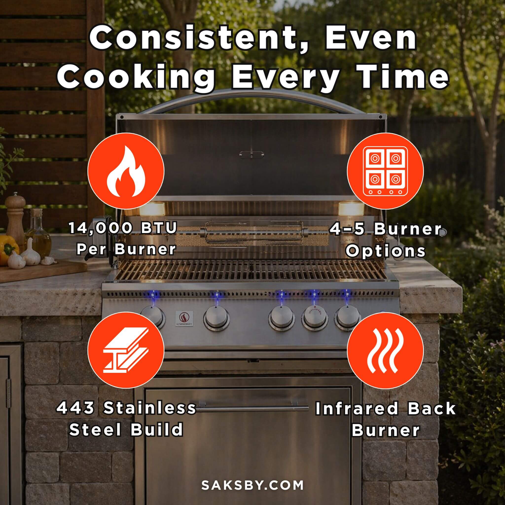 Outdoor grill with features highlighted and Saksby.com branding.