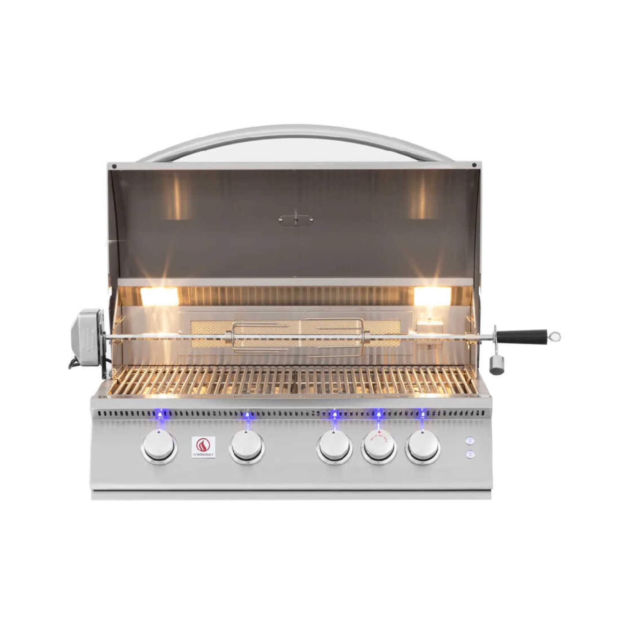 Stainless steel grill with glowing elements on a white background
