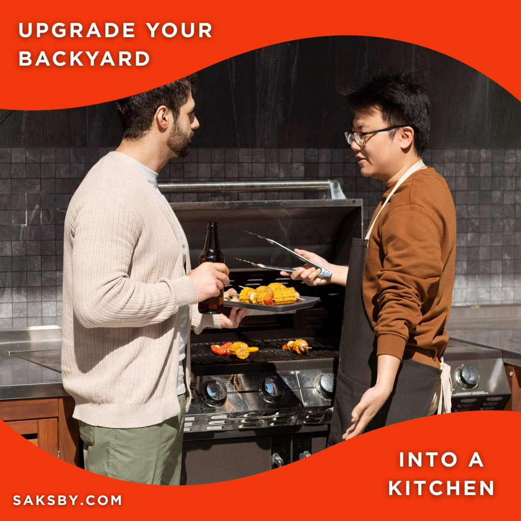 Two men grilling food on a barbecue with an orange border and text overlay.