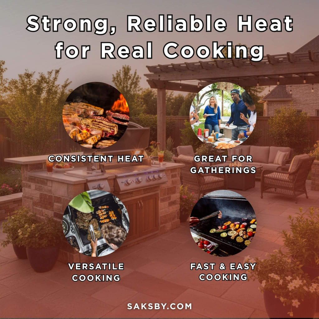 Outdoor kitchen setup with text highlighting features like consistent heat, great for gatherings, versatile cooking, and fast & easy cooking.
