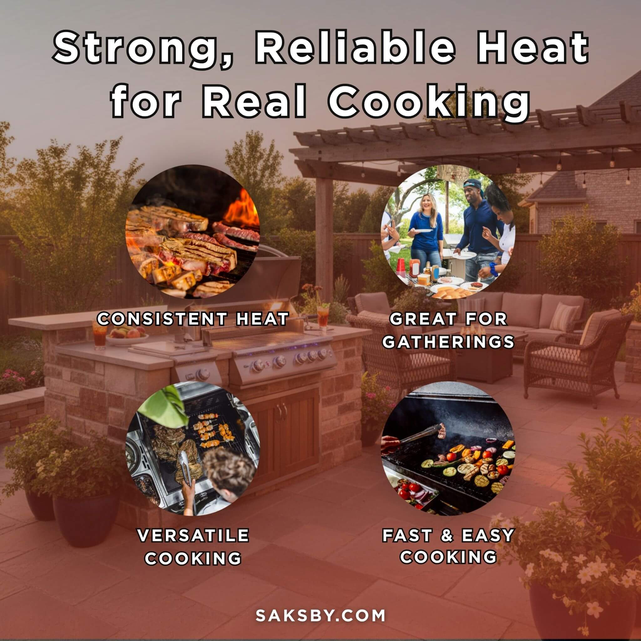 Outdoor kitchen setup with text highlighting features like consistent heat, great for gatherings, versatile cooking, and fast & easy cooking.