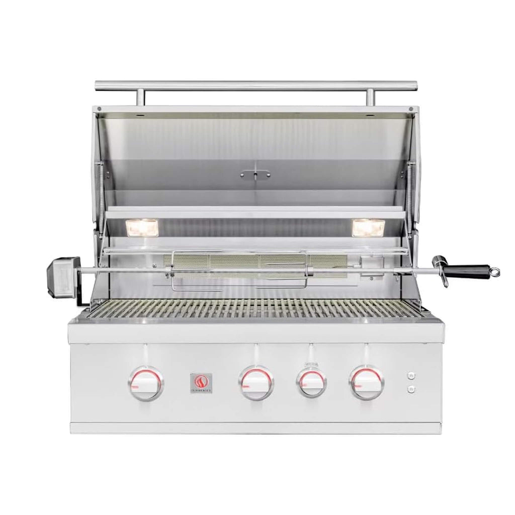 Stainless steel grill with four control knobs on a white background
