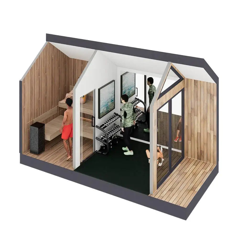 3D architectural rendering of a modern indoor fitness cabin with wood-paneled walls, a sauna, weight rack, treadmills, and exercise equipment, shown on a white background with small illustrated people working inside.