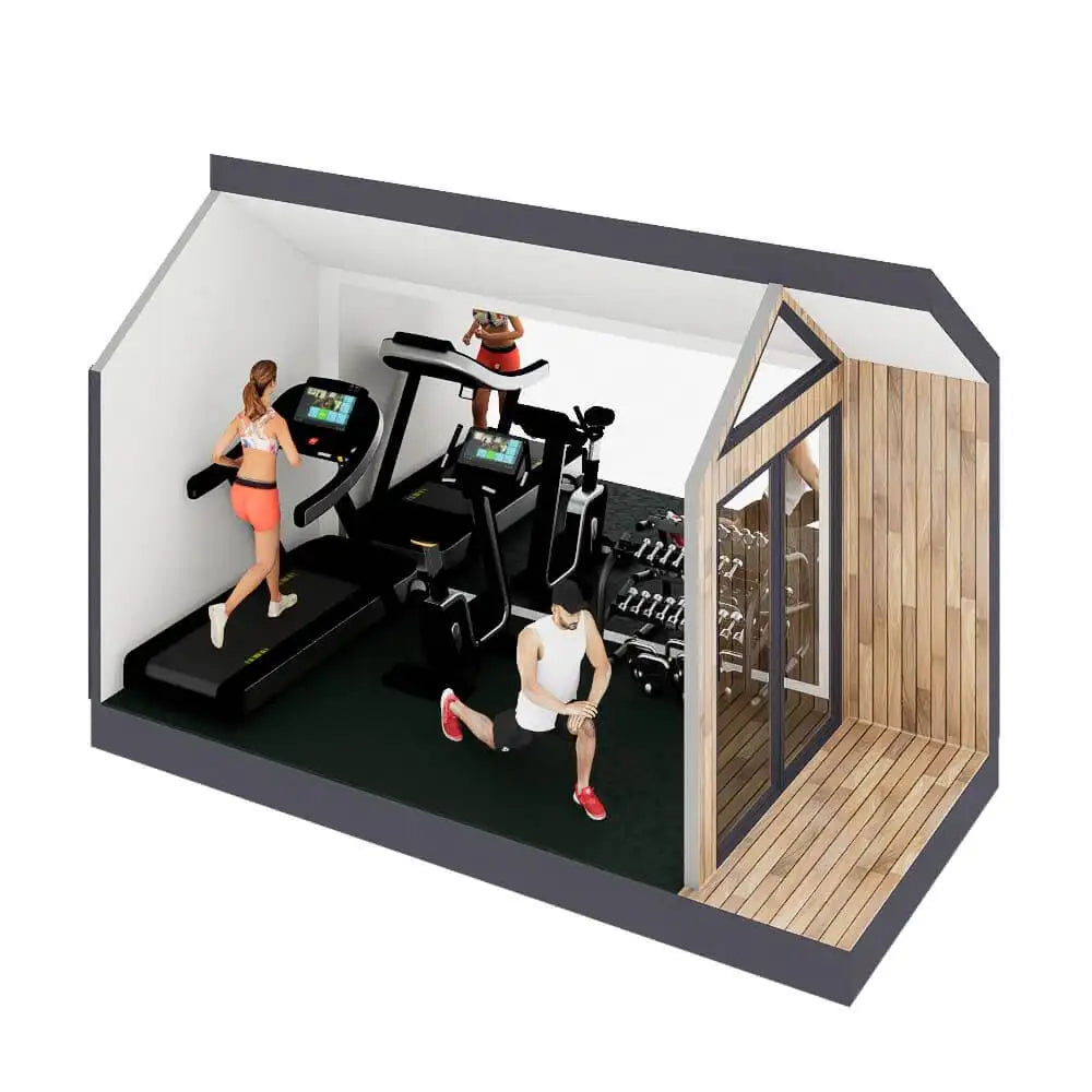 A 3D architectural rendering of a compact home gym package, featuring treadmills, a weight rack, and a wood-paneled sauna cabin, with small illustrated people demonstrating use inside.