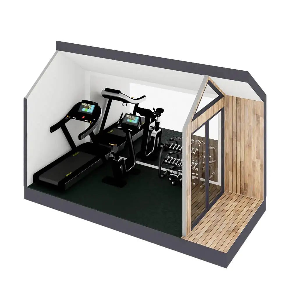 Gym interior with treadmill, stationary bike, and weight rack on a white background