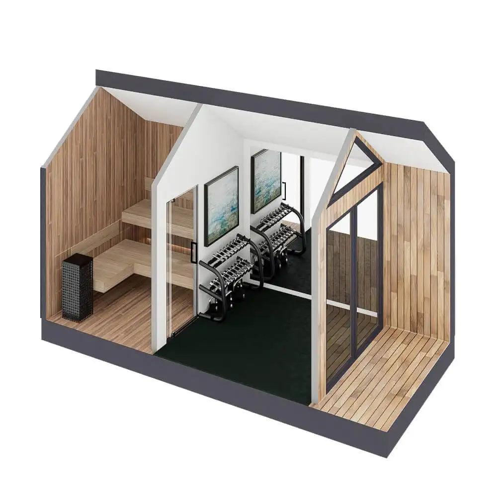 3D rendering of a home gym with wooden interior and equipment.