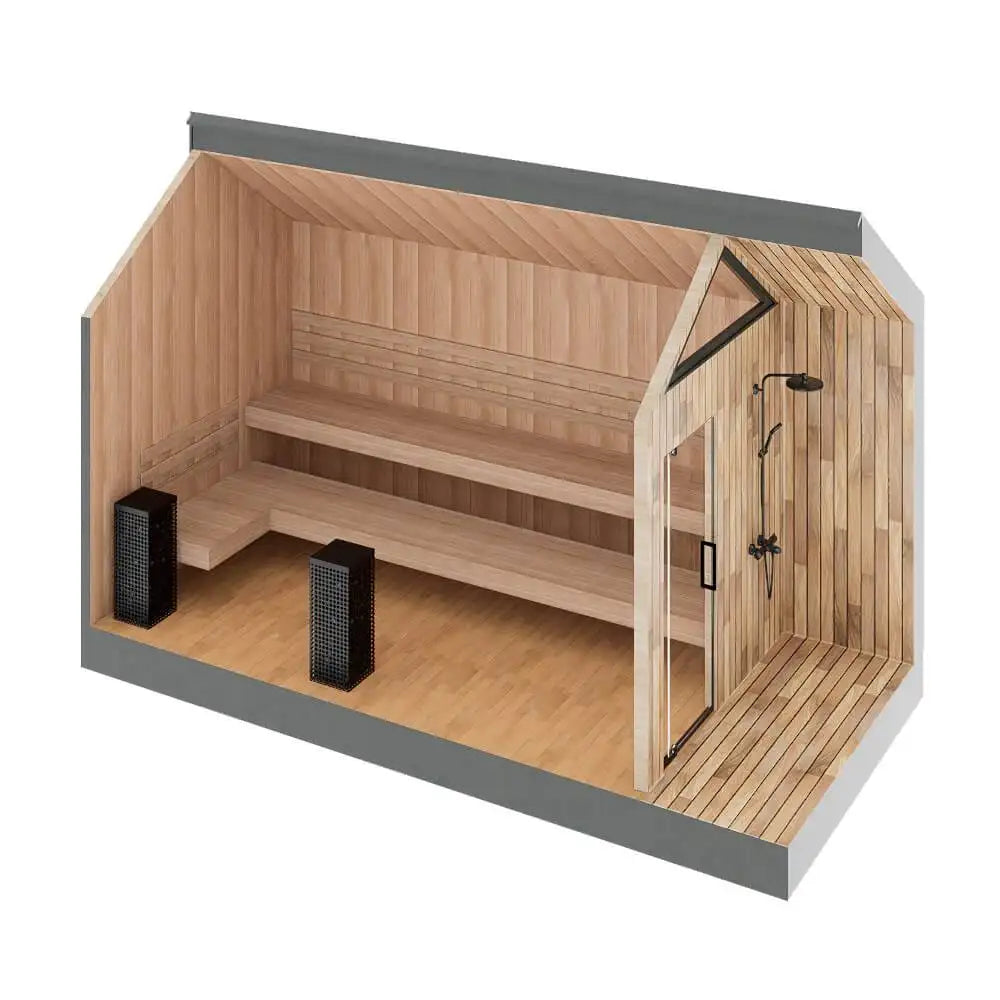 Wooden sauna with bench, shower, and speakers on a white background