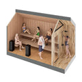 A 3D isometric rendering of a modern wooden sauna cabin with multiple people shown inside in various poses, set against a plain white background.