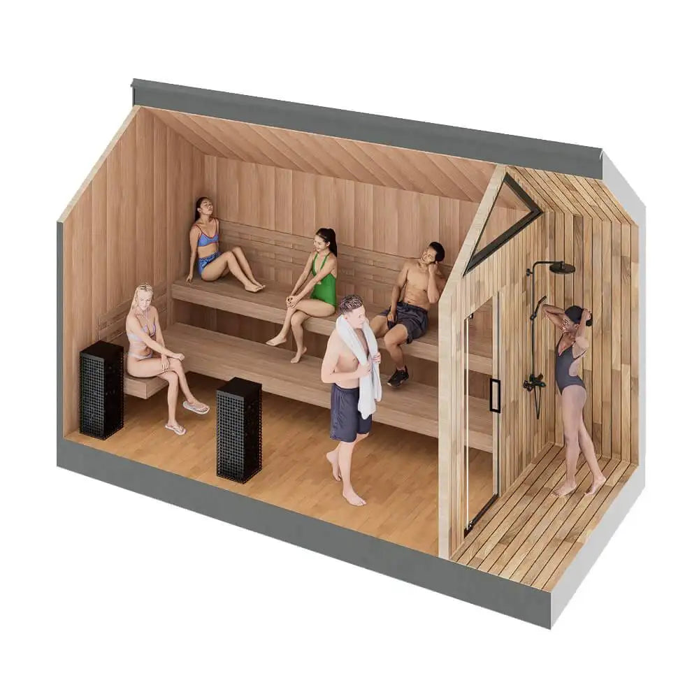 A 3D isometric rendering of a modern wooden sauna cabin with multiple people shown inside in various poses, set against a plain white background.