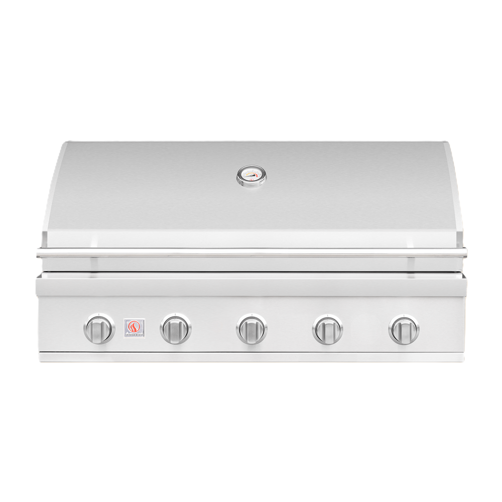 A stainless steel built-in gas grill with a curved lid, five front control knobs, and a small red and white brand badge on the lower left, shown against a plain white background.