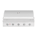 A stainless steel built-in gas grill with a curved lid, five front control knobs, and a small red and white brand badge on the lower left, shown against a plain white background.