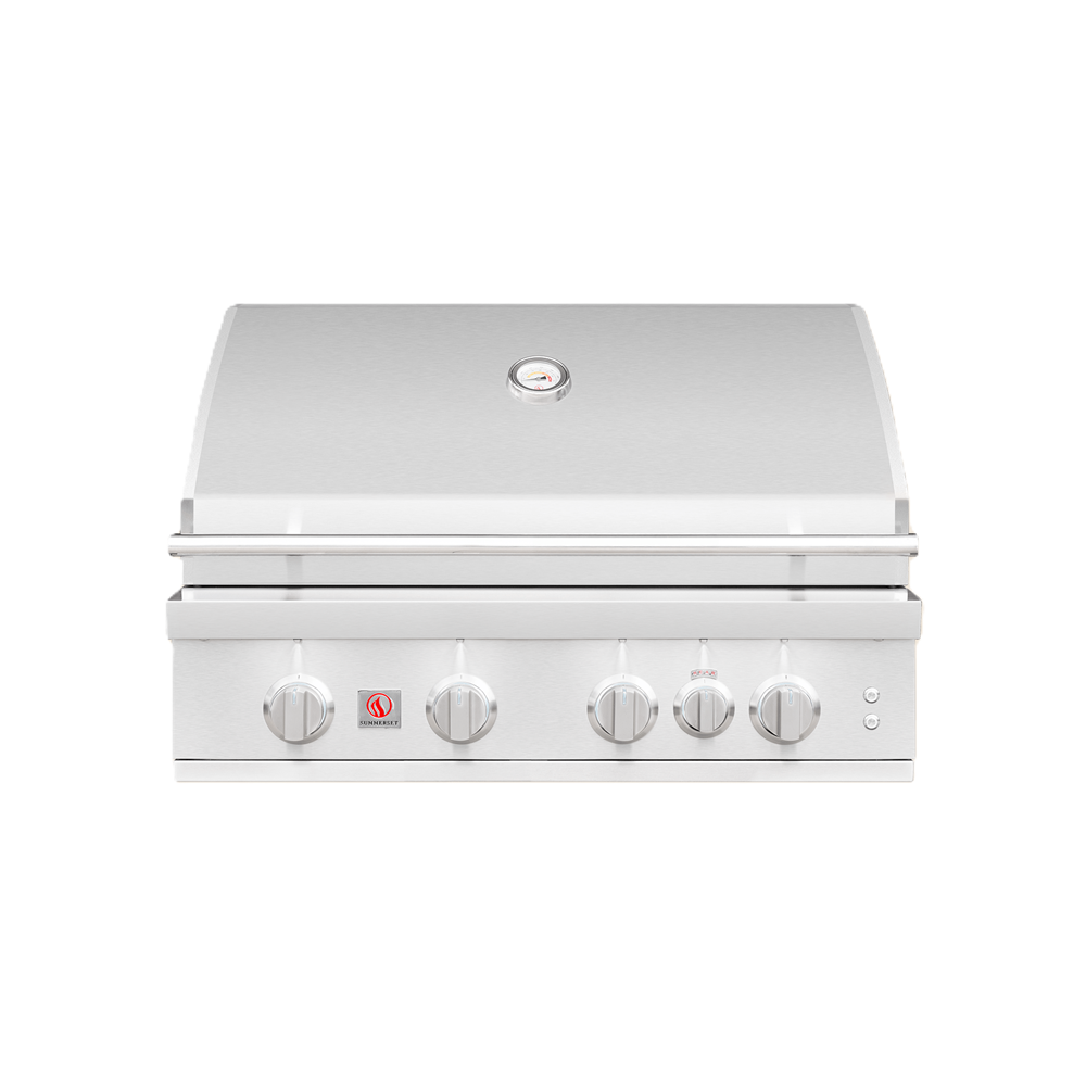 A stainless steel built-in gas grill with a curved lid, five control knobs, and a small red brand badge on the front, shown against a plain white background.