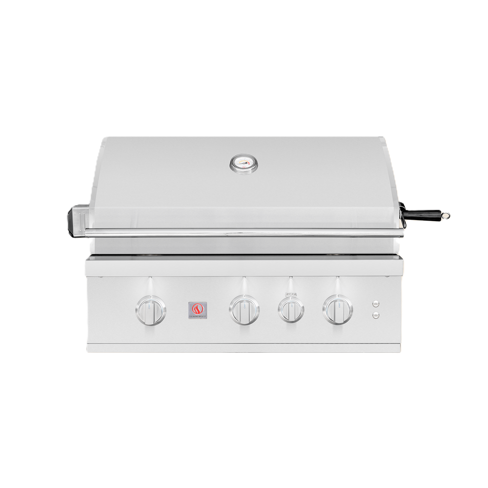 A stainless steel built-in gas grill with a closed lid, four control knobs on the front panel, and a black handle on the right side, shown against a plain white background.