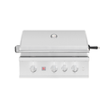 A stainless steel built-in gas grill with a closed lid, four control knobs on the front panel, and a black handle on the right side, shown against a plain white background.