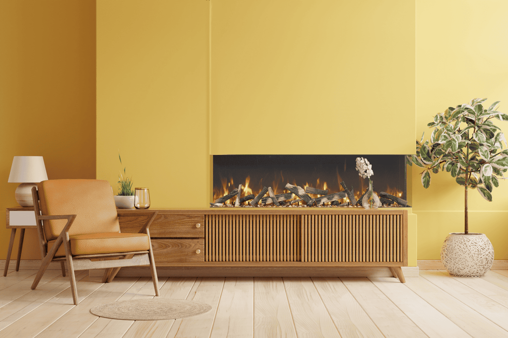 Modern living room with a electric fireplace against a yellow wall.