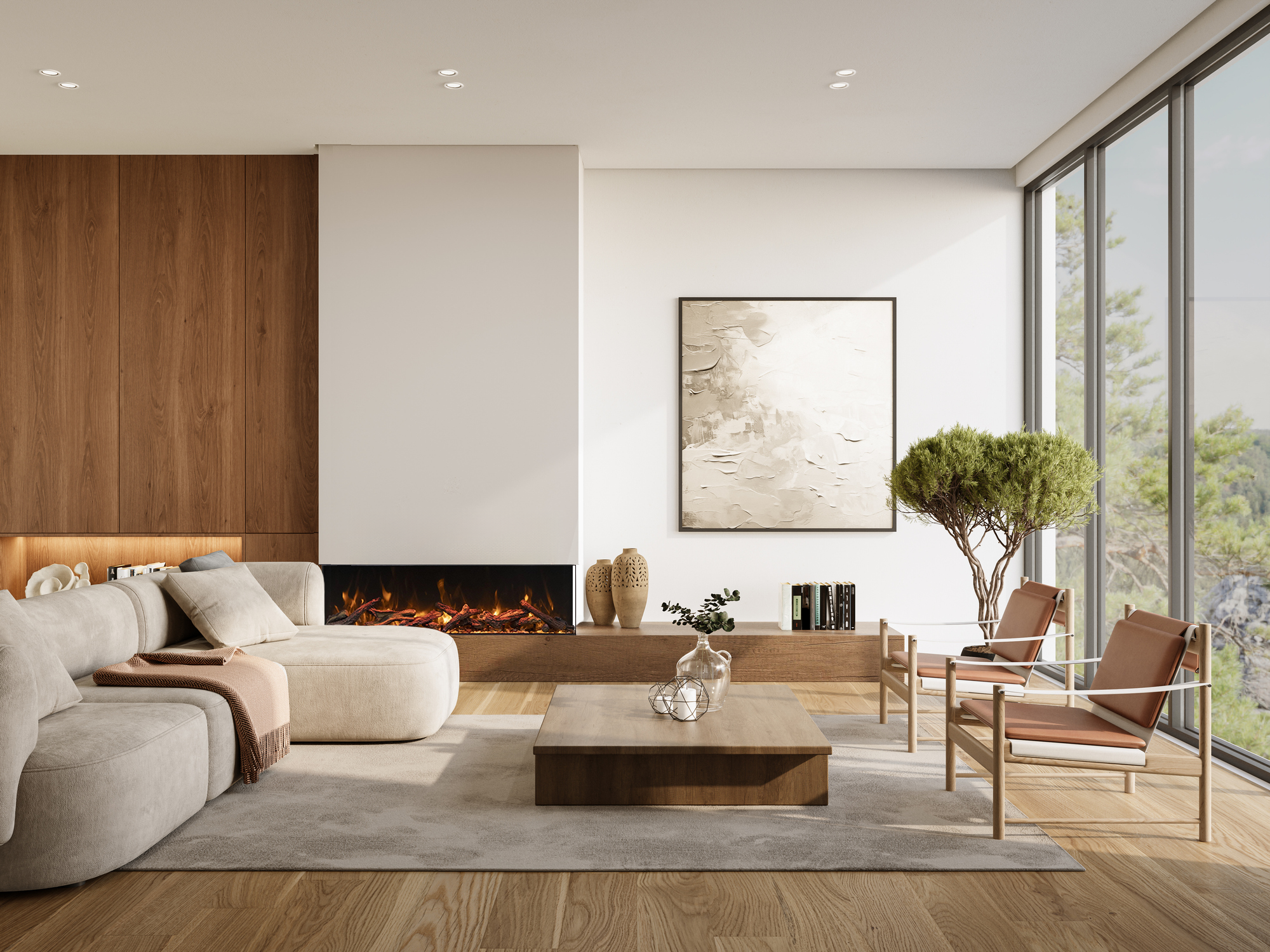Modern living room with a fireplace, sofa, and chairs.