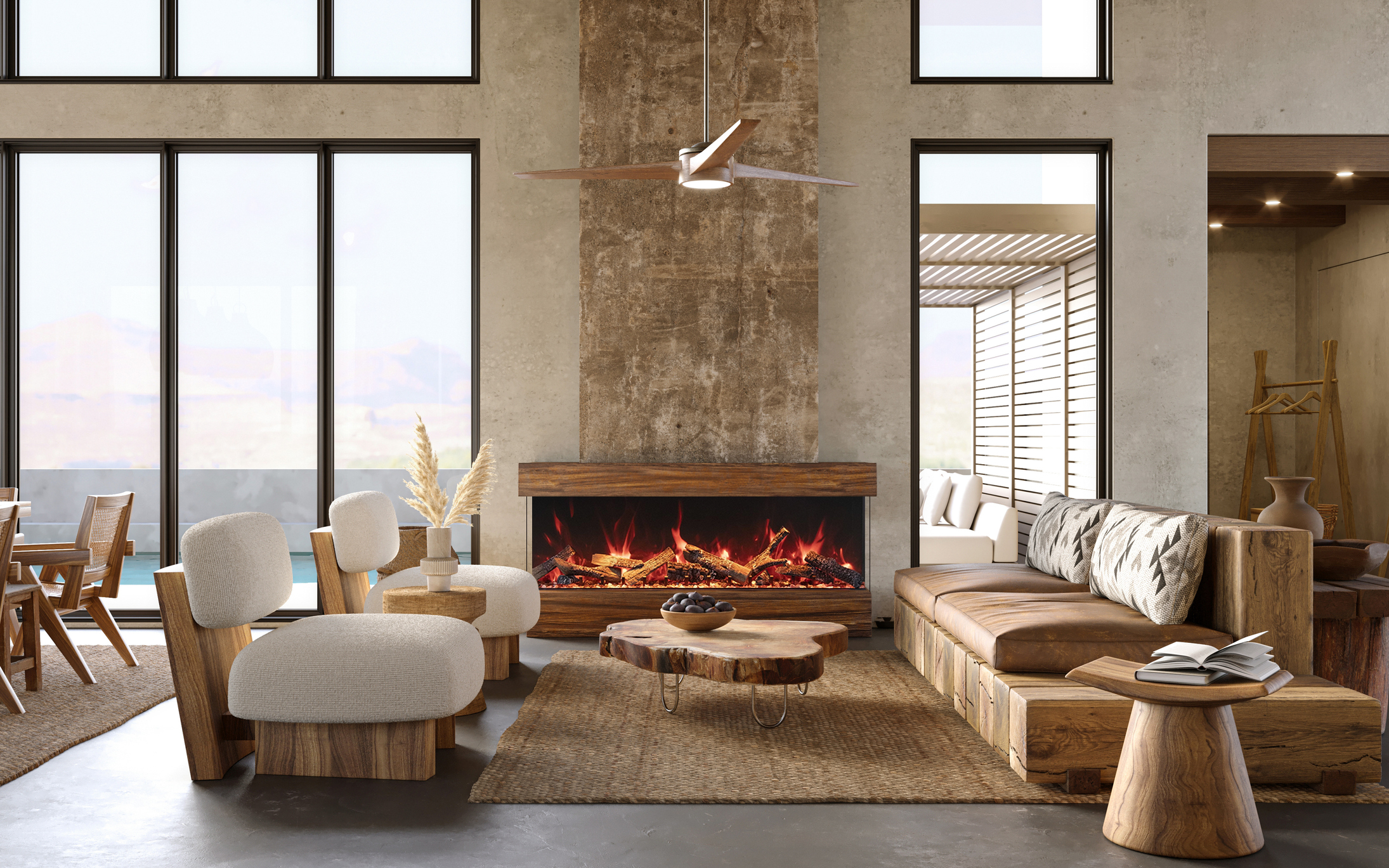 Modern living room with a fireplace, large windows, and wooden furniture.