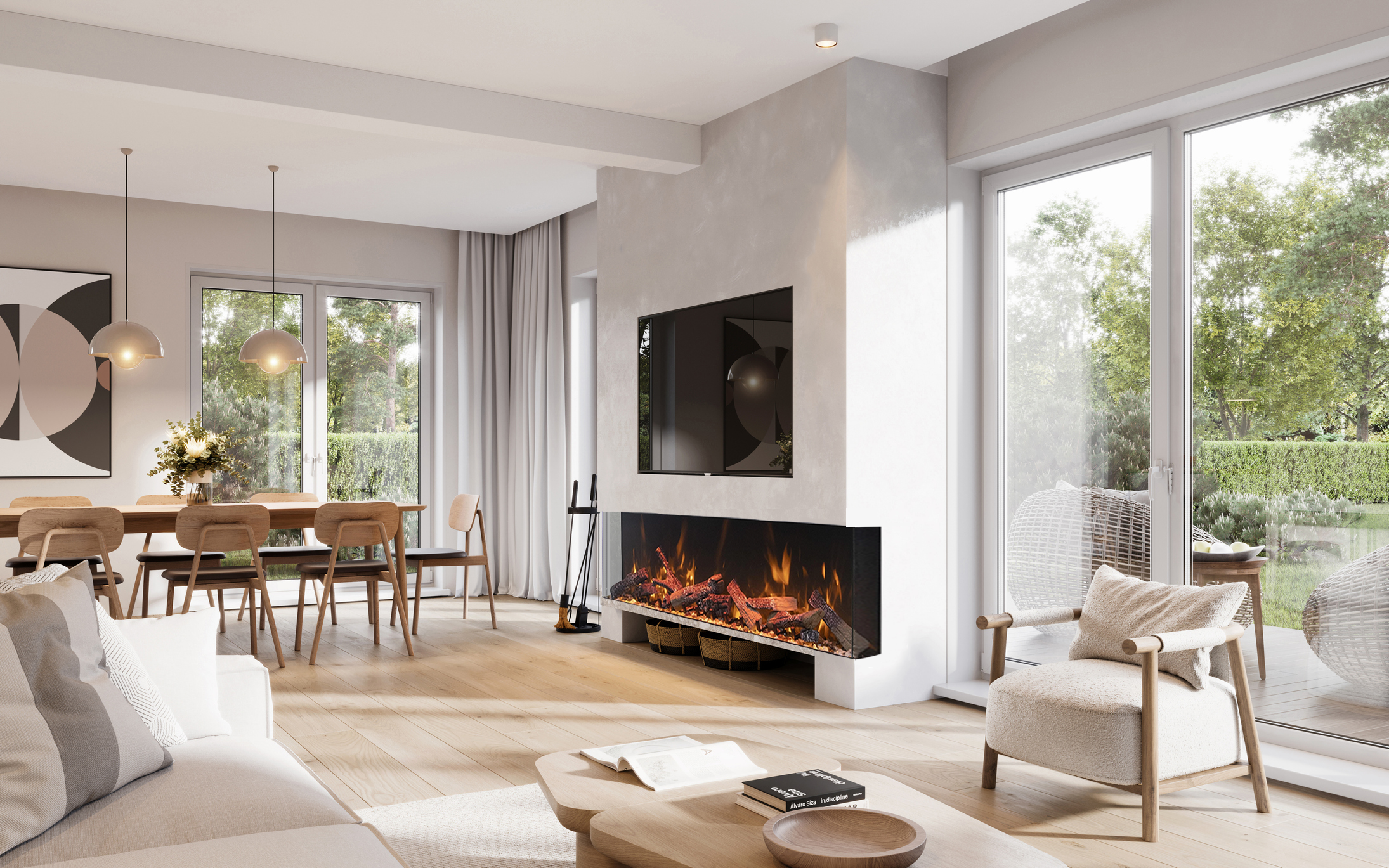Modern living room with a fireplace, dining table, and large windows.