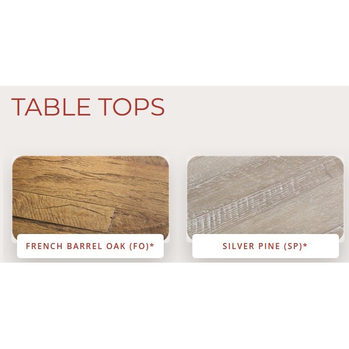 A product comparison graphic for table tops showing two wood-look finish options: French Barrel Oak (FO) in a medium brown tone and Silver Pine (SP) in a light gray-brown tone, under the heading 'TABLE TOPS'.